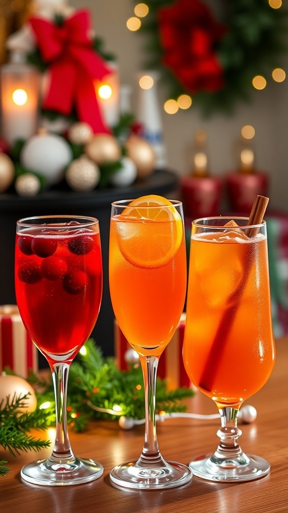 Three festive cocktails: cranberry sparkler, holiday mimosa, and spiced rum cider, displayed with holiday decorations.